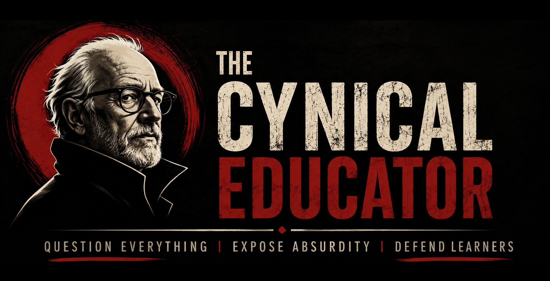 Illustrated portrait of Michael J. Canuel beside The Cynical Educator logo